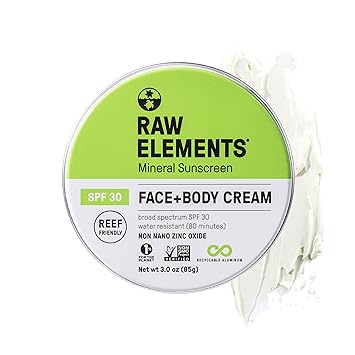 Raw Elements Face and Body Mineral Sunscreen SPF 30 Tin, Organic Sunblock Daily Protection, Non Toxic Reef Safe, Water Resistant, Cruelty Free, Plastic Free, 3 oz (Pack of 1)