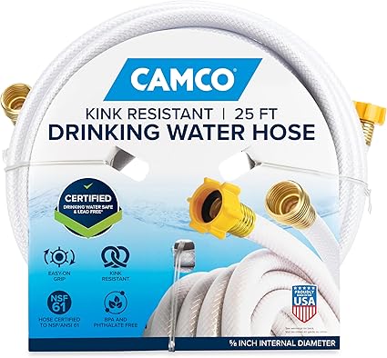 Camco TastePURE 25-Ft Water Hose - RV Drinking Water Hose Contains No Lead, No BPA & No Phthalate - Features Diamond-Hatch Reinforced PVC Design - 5/8? Inside Diameter, Made in the USA (22783)